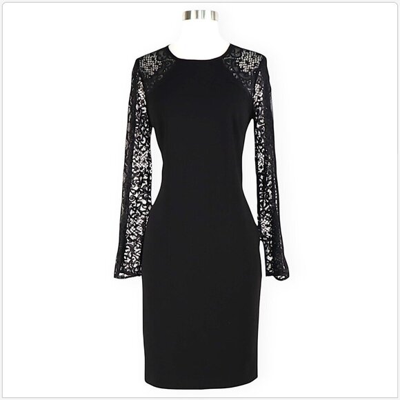 Alex Evenings Black Lace Illusion Bell Sleeves Jeweled Shift Dress New NWT 6 - Picture 2 of 9